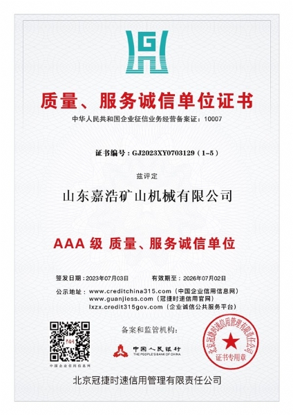 质量、服务诚信单位证书